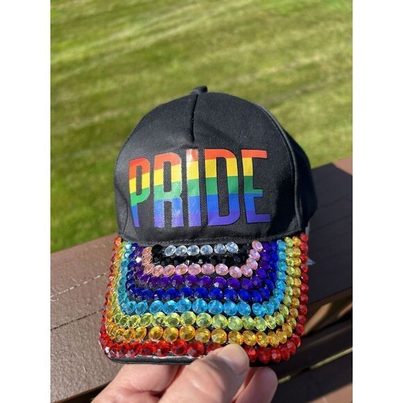 Pride Rainbow Hat Cap Snap Back Black Adjustable Gemstone Bling New No Tags - Picture 4 of 5